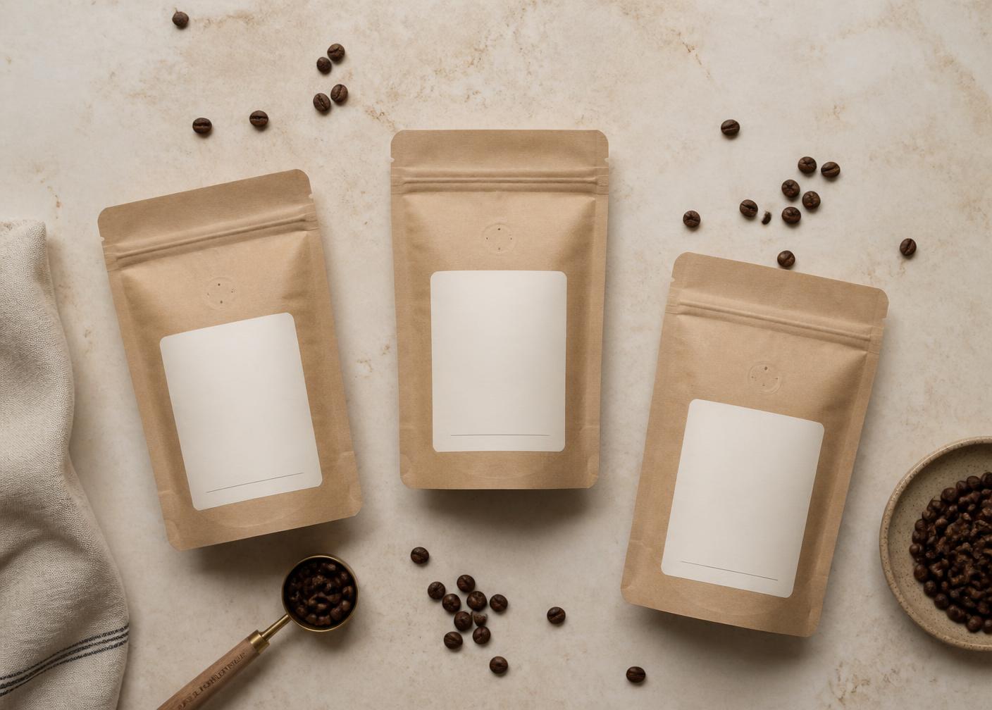 Three kraft coffee bags with minimal labels flat-lay on a cream stone surface with coffee beans