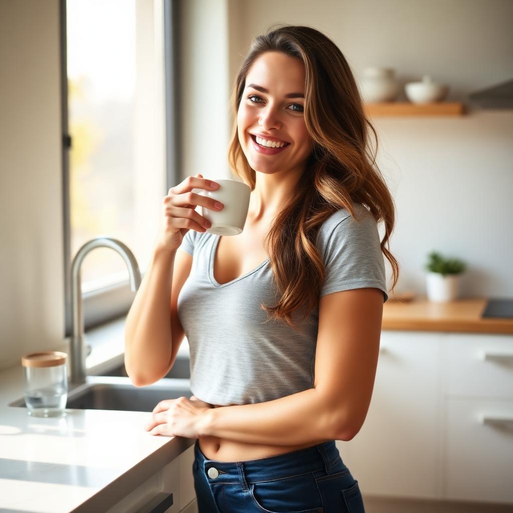 Woman smiling while enjoying a mug of coffee in a bright kitchen
