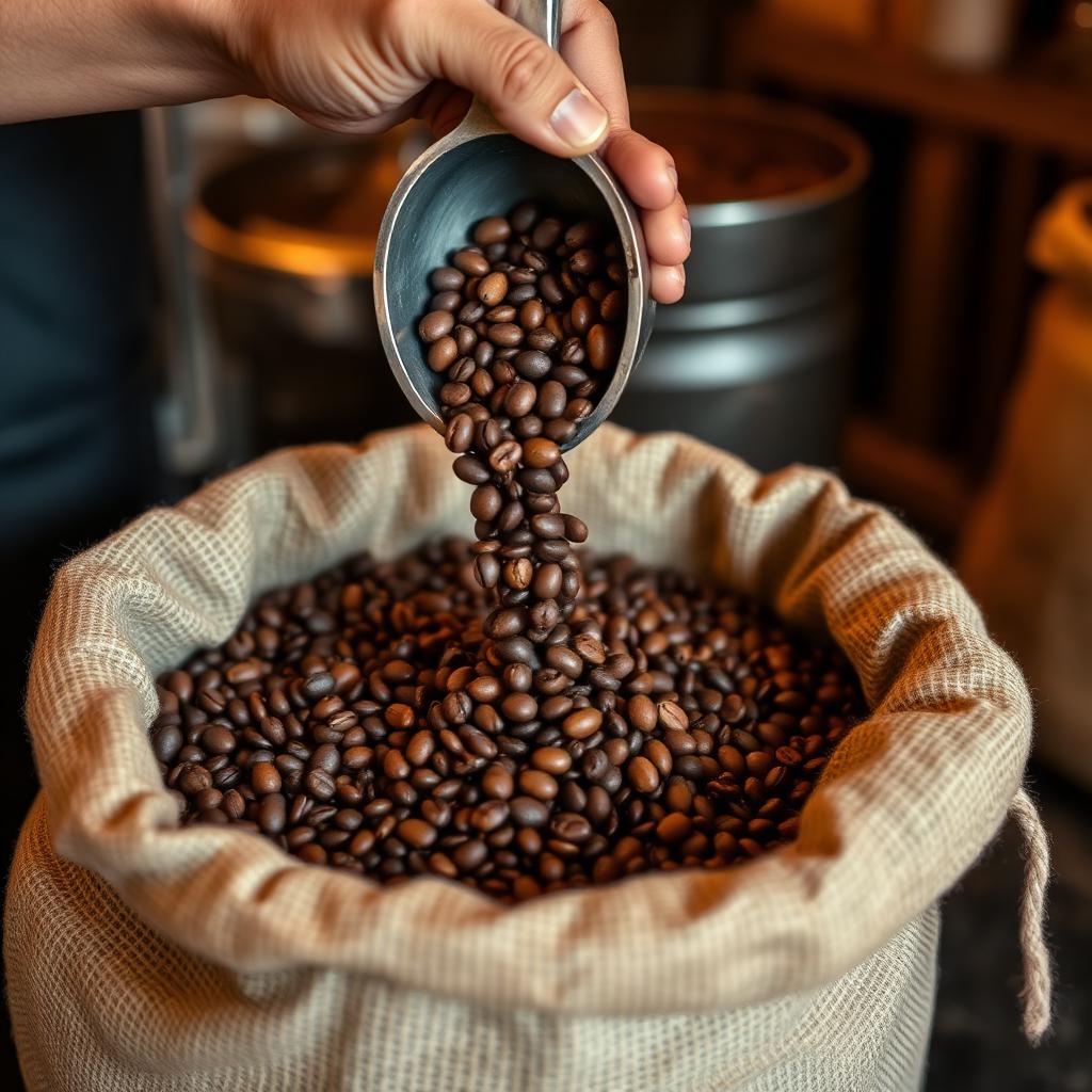 Dark roasted coffee beans in a burlap sack