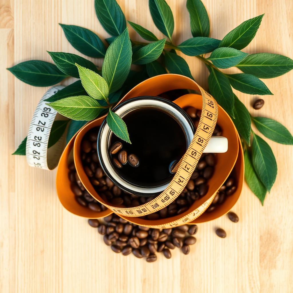 Coffee mug with measuring tape and green leaves